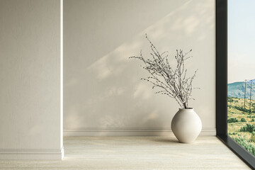 Fototapeta na wymiar Modern bright minimalist interior blank wall in living room, dry plants in vases. 3d render illustration mock up.