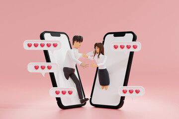 Man and woman love by chat online dating on smartphone, social networking, 3D rendering cartoon member. - obrazy, fototapety, plakaty