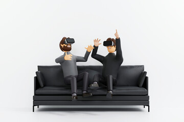 Two man enjoy virtual reality with VR glasses on couch, virtual reality technology cinema and gamming, 3D rendering.