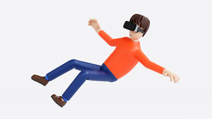 Man enjoy virtual reality with VR glasses and levitation in air, technology and gamming, 3D rendering cartoon character.