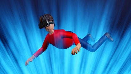 Man enjoy virtual reality with VR glasses and levitation in air, technology and gamming, 3D rendering cartoon character.