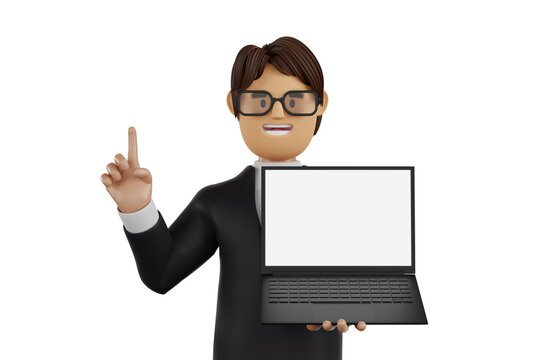 Happy man cartoon character, holding laptop show desktop screen computer, isolated on white, 3D rendering.