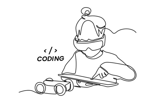 Continuous one line drawing girl kid programmer makes programming language code in front of the laptop for robot. Programming code concept. Single line draw design vector graphic illustration.