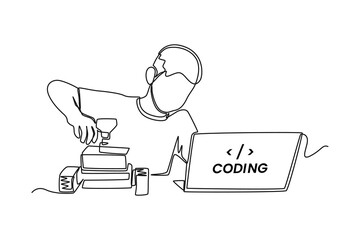 Continuous one line drawing boy kid programmer makes programming language code in front of the laptop. Programming code concept. Single line draw design vector graphic illustration.