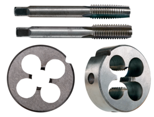 Two taps and a die for manual thread cutting in metal parts. Isolated background.