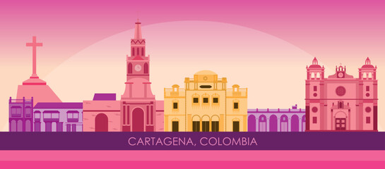 Sunset Skyline panorama of city of Cartagena, Colombia - vector illustration - obrazy, fototapety, plakaty