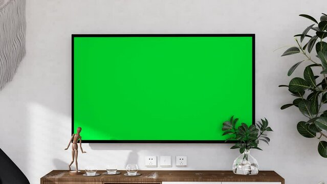 Smart TV  with chroma key in modern interior background. On top of that, there are decorations. Template, 4K 3D rendering, 3D illustration animation