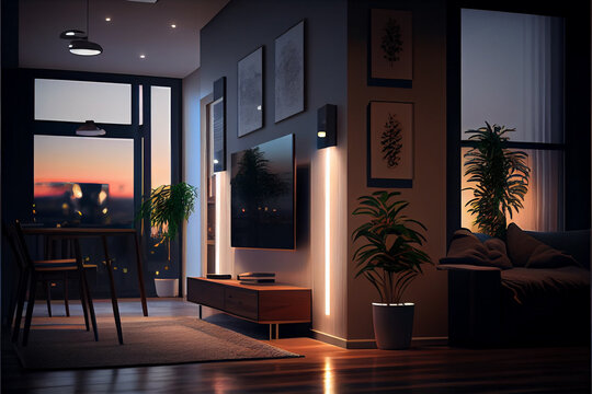 living room interior with led tv and windows. Smart home futuristic lifestyle concept. Evening time in room.AI generated illustration. 