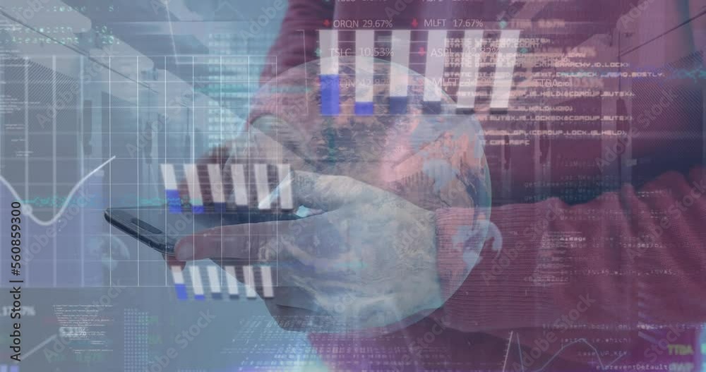 Poster Animation of globe and server room with data processing over caucasian businessman using smartphone