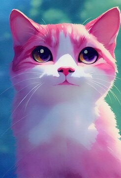 Funny adorable portrait headshot of cute kitten. Pixiebob cat breed kitty, standing facing front. Looking to camera. Watercolor imitation illustration. Ai generated vertical artistic poster.