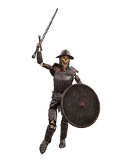 Fantasy skeleton warrior in armour with sword and shield charging into battle. Isolated 3D illustration.