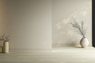 Obraz na płótnie Canvas Modern bright minimalist interior blank wall in living room, dry plants in vases. 3d render illustration mock up.