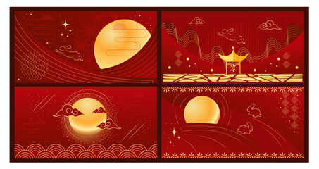 Set of holiday greeting covers. Concept Chinese lunar new year gold on red background. Design card, flyer, banner, social media, calendar, poster, post. 