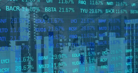 Animation of financial data processing and cityscape over server room - Powered by Adobe