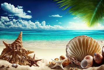 Fototapeta na wymiar illustration of snails, shells and starfish, in the sand of a beautiful beach, image by AI