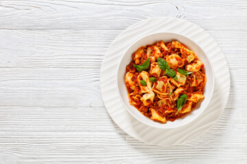 tortellini in ground beef tomato sauce, top view