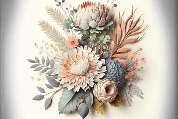Flowers in the style of watercolor art. Luxurious floral elements, botanical background or wallpaper design, prints and invitations, postcards. Beautiful delicate flowers 3D illustration