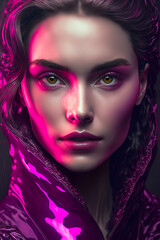 Fashion portrait of beautiful young woman with bright viva magenta color, art make-up, face art on dark background