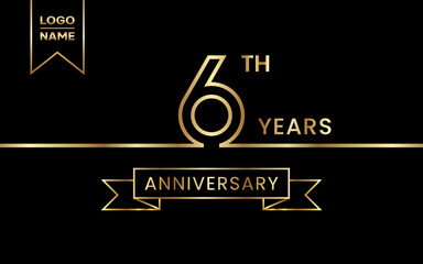 6th Anniversary template design with gold color for celebration event, invitation, banner, poster, flyer, greeting card. Line Art Design, Logo Vector Template
