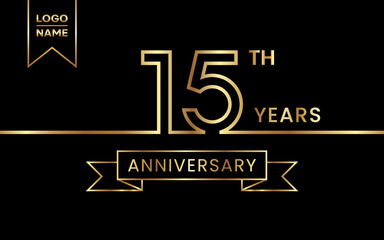 15th Anniversary template design with gold color for celebration event, invitation, banner, poster, flyer, greeting card. Line Art Design, Logo Vector Template