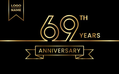 69th Anniversary template design with gold color for celebration event, invitation, banner, poster, flyer, greeting card. Line Art Design, Logo Vector Template