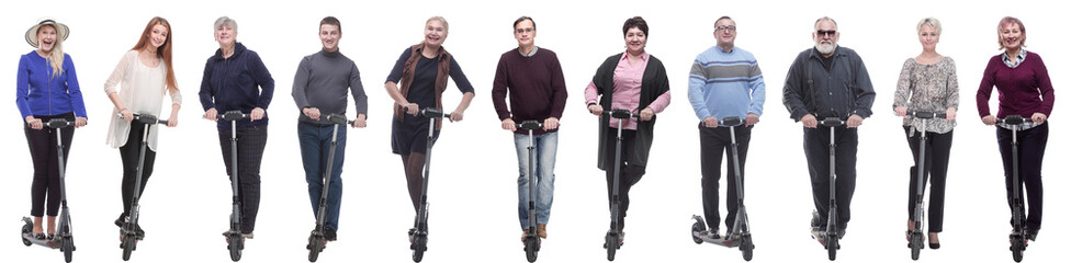 group of successful people on scooter isolated