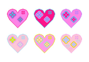 Hearts with decorative flowers and pixelated texture isolated on  white background. Pixel art style pink hearts for valentines day, wedding card, game icon, web design and other.  Vector illustration.