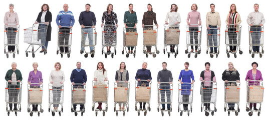 collage group of people with cart isolated on white
