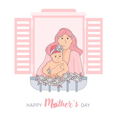 Mother's Day poster featuring a mother hugging her baby with flowers. A beautiful woman looks out of the window with a baby in her arms.