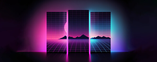 Cyberspace banner illustration for synthwave music styles featuring a digital sunset