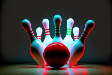 Picture of bowling ball hitting pins scoring a strike. Bowling background. Bowling 3D Rendering. - obrazy, fototapety, plakaty