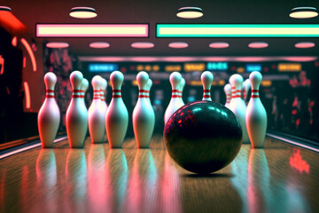 Bowling game. Bowling pins and ball. 3D render illustration. - obrazy, fototapety, plakaty