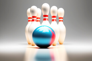 Bowling game. Bowling pins and ball. 3D render illustration. - obrazy, fototapety, plakaty