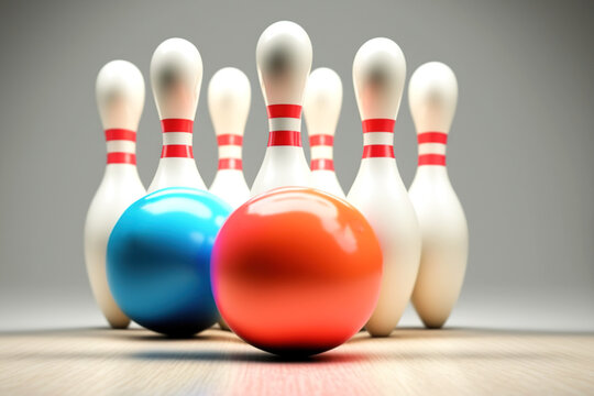Bowling game. Bowling pins and ball. 3D render illustration.