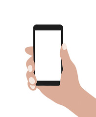 hand holding smartphone on white background 