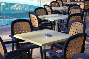 Details of outdoor hotel restaurant at Mediterranean resort