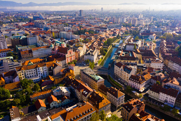 Panoramic aerial view of Ljubljana cityscape and river Ljubljanica, Slovenia