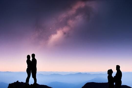 silhouette of a couple on a top of the mountain looking at the stars and Milky Way over the twilight sky