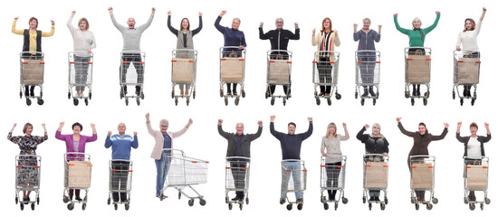 group of people with cart raised their hands up