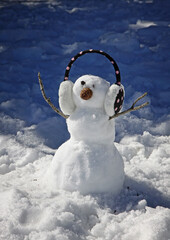 Small funny snowman with headphone on its head