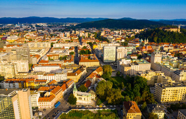 Panoramic aerial view of Ljubljana cityscape with buildings and streets, Slovenia