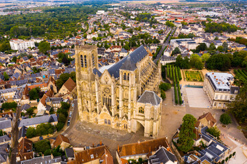 Scenic aerial view of French city of Bourges with Cathedral of Saint Stephen