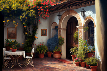 Fototapeta na wymiar Traditional spanish style patio with lots of plants, generative AI