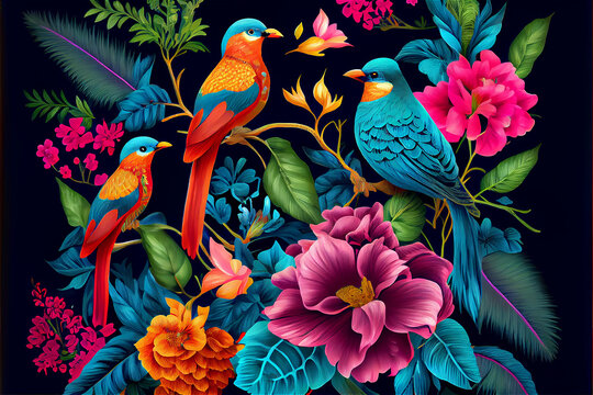 Fototapeta Tropical exotic pattern with parrots and flowers in bright colors, generative AI