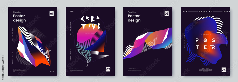 Poster creative poster design with abstract geometric shapes, curve lines and place for text. futuristic co