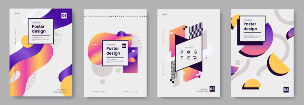 Set of poster design with abstract colorful geometric graphics and place for text. Modern banner template with vibrant shapes and glitchy graphic elements. Ideal for cover, invitation, flyer.