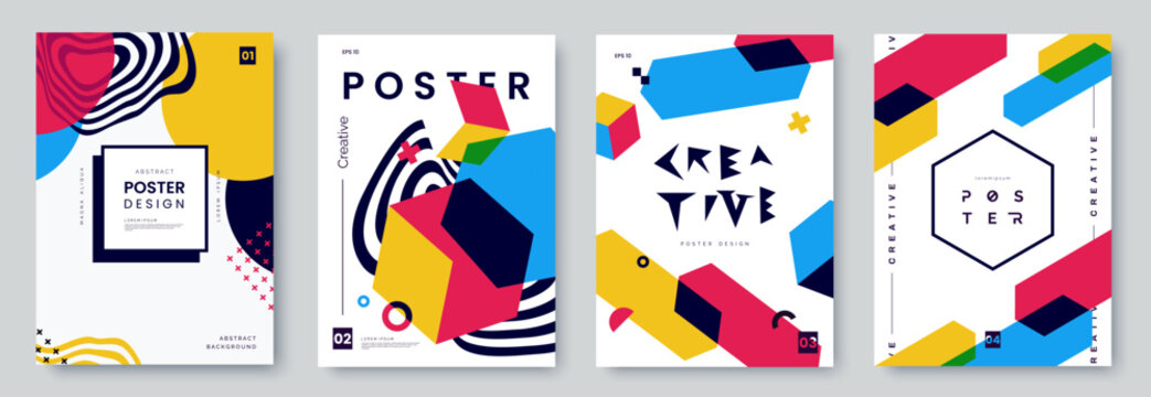 Abstract creative poster collection with colorful geometric shapes and graphics on white backdrop. Set of bright colorful artistic banners with place for text. Youth style backgrounds. Vector eps 10