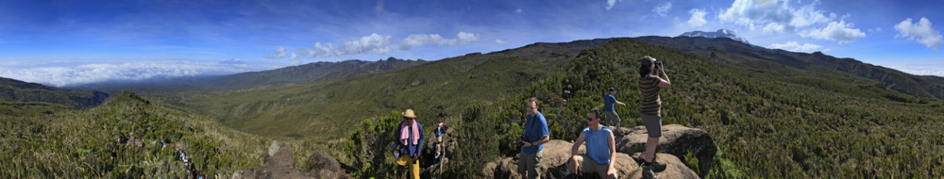 Climbing group resting on the Machame Route of Mt. Kilimanjaro (360 degree panorama).