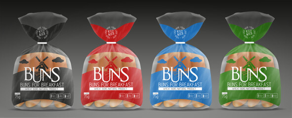 Buns Package Bakery Design Set in different colors with Mockup	