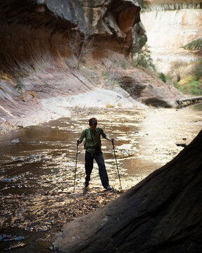 A female hiker with tekking poles, crossing the Left Fork of North Creek in The Subway in Zion National Park, Utah.